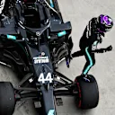 BUDAPEST, HUNGARY - JULY 18: Pole position qualifier Lewis Hamilton of Great Britain and Mercedes GP celebrates in parc ferme  during qualifying for the F1 Grand Prix of Hungary at Hungaroring on July 18, 2020 in Budapest, Hungary. (Photo by Mario Renzi - Formula 1/Formula 1 via Getty Images)
