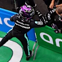BUDAPEST, HUNGARY - JULY 18: Pole position qualifier Lewis Hamilton of Great Britain and Mercedes GP celebrates in parc ferme  during qualifying for the F1 Grand Prix of Hungary at Hungaroring on July 18, 2020 in Budapest, Hungary. (Photo by Mario Renzi - Formula 1/Formula 1 via Getty Images)