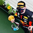 BUDAPEST, HUNGARY - JULY 19: Second placed Max Verstappen of Netherlands and Red Bull Racing celebrates on the podium during the Formula One Grand Prix of Hungary at Hungaroring on July 19, 2020 in Budapest, Hungary. (Photo by Mark Thompson/Getty Images)