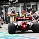 BUDAPEST, HUNGARY - JULY 19: Antonio Giovinazzi of Italy driving the (99) Alfa Romeo Racing C39 Ferrari comes in for a tyre change during the Formula One Grand Prix of Hungary at Hungaroring on July 19, 2020 in Budapest, Hungary. (Photo by Peter Fox/Getty Images)