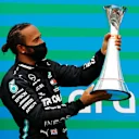 BUDAPEST, HUNGARY - JULY 19: Race winner Lewis Hamilton of Great Britain and Mercedes GP celebrates on the podium after the Formula One Grand Prix of Hungary at Hungaroring on July 19, 2020 in Budapest, Hungary. (Photo by Leonhard Foeger/Pool via Getty Images)