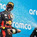 BUDAPEST, HUNGARY - JULY 19: Second placed Max Verstappen of Netherlands and Red Bull Racing celebrates on the podium during the Formula One Grand Prix of Hungary at Hungaroring on July 19, 2020 in Budapest, Hungary. (Photo by Getty Images/Getty Images)