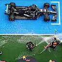 BUDAPEST, HUNGARY - JULY 19: Race winner Lewis Hamilton of Great Britain and Mercedes GP, second placed Max Verstappen of Netherlands and Red Bull Racing and third placed Valtteri Bottas of Finland and Mercedes GP celebrate on the podium after the Formula One Grand Prix of Hungary at Hungaroring on July 19, 2020 in Budapest, Hungary. (Photo by Mark Thompson/Getty Images)