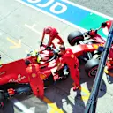 MONZA, ITALY - SEPTEMBER 05: Charles Leclerc of Monaco driving the (16) Scuderia Ferrari SF1000 is pushed back into the garage during qualifying for the F1 Grand Prix of Italy at Autodromo di Monza on September 05, 2020 in Monza, Italy. (Photo by Jenifer Lorenzini - Pool/Getty Images)