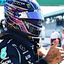 MONZA, ITALY - SEPTEMBER 05: Pole position qualifier Lewis Hamilton of Great Britain and Mercedes GP celebrates in parc ferme during qualifying for the F1 Grand Prix of Italy at Autodromo di Monza on September 05, 2020 in Monza, Italy. (Photo by Jenifer Lorenzini - Pool/Getty Images)