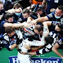 MONZA, ITALY - SEPTEMBER 06: Race winner Pierre Gasly of France and Scuderia AlphaTauri celebrates with teammates in parc ferme during the F1 Grand Prix of Italy at Autodromo di Monza on September 06, 2020 in Monza, Italy. (Photo by Mark Thompson/Getty Images)
