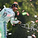 MONZA, ITALY - SEPTEMBER 06: Race winner Pierre Gasly of France and Scuderia AlphaTauri celebrates on the podium during the F1 Grand Prix of Italy at Autodromo di Monza on September 06, 2020 in Monza, Italy. (Photo by Clive Mason - Formula 1/Formula 1 via Getty Images)