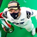 MONZA, ITALY - SEPTEMBER 06: Race winner Pierre Gasly of France and Scuderia AlphaTauri celebrates on the podium during the F1 Grand Prix of Italy at Autodromo di Monza on September 06, 2020 in Monza, Italy. (Photo by Mark Thompson/Getty Images)
