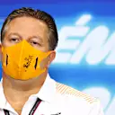 PORTIMAO, PORTUGAL - OCTOBER 23: McLaren Chief Executive Officer Zak Brown talks in the Team Principals Press Conference during practice ahead of the F1 Grand Prix of Portugal at Autodromo Internacional do Algarve on October 23, 2020 in Portimao, Portugal. (Photo by Dan Istitene - Formula 1/Formula 1 via Getty Images)