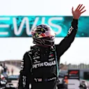 PORTIMAO, PORTUGAL - OCTOBER 24: Pole position qualifier Lewis Hamilton of Great Britain and Mercedes GP celebrates in parc ferme during qualifying ahead of the F1 Grand Prix of Portugal at Autodromo Internacional do Algarve on October 24, 2020 in Portimao, Portugal. (Photo by Jose Sena Goulao - Pool/Getty Images)