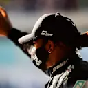 PORTIMAO, PORTUGAL - OCTOBER 24: Pole position qualifier Lewis Hamilton of Great Britain and Mercedes GP celebrates in parc ferme during qualifying ahead of the F1 Grand Prix of Portugal at Autodromo Internacional do Algarve on October 24, 2020 in Portimao, Portugal. (Photo by Mario Renzi - Formula 1/Formula 1 via Getty Images)