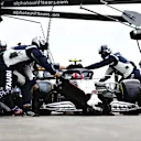 PORTIMAO, PORTUGAL - OCTOBER 25: Pierre Gasly of France driving the (10) Scuderia AlphaTauri AT01 Honda makes a pitstop during the F1 Grand Prix of Portugal at Autodromo Internacional do Algarve on October 25, 2020 in Portimao, Portugal. (Photo by Peter Fox/Getty Images)