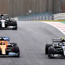 PORTIMAO, PORTUGAL - OCTOBER 25: Valtteri Bottas of Finland driving the (77) Mercedes AMG Petronas F1 Team Mercedes W11 leads Carlos Sainz of Spain driving the (55) McLaren F1 Team MCL35 Renault during the F1 Grand Prix of Portugal at Autodromo Internacional do Algarve on October 25, 2020 in Portimao, Portugal. (Photo by Dan Istitene - Formula 1/Formula 1 via Getty Images)