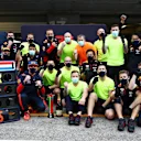 PORTIMAO, PORTUGAL - OCTOBER 25: Third placed Max Verstappen of Netherlands and Red Bull Racing celebrates with his team in the Pitlane after the F1 Grand Prix of Portugal at Autodromo Internacional do Algarve on October 25, 2020 in Portimao, Portugal. (Photo by Mark Thompson/Getty Images)