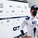 SOCHI, RUSSIA - SEPTEMBER 25: Pierre Gasly of France and Scuderia AlphaTauri talks to the media after practice ahead of the F1 Grand Prix of Russia at Sochi Autodrom on September 25, 2020 in Sochi, Russia. (Photo by Peter Fox/Getty Images)