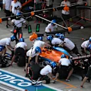 SOCHI, RUSSIA - SEPTEMBER 25: Carlos Sainz of Spain driving the (55) McLaren F1 Team MCL35 Renault stops in the Pitlane during practice ahead of the F1 Grand Prix of Russia at Sochi Autodrom on September 25, 2020 in Sochi, Russia. (Photo by Yuri Kochetkov - Pool/2020 Getty Images)