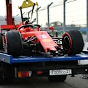 SOCHI, RUSSIA - SEPTEMBER 26: The broken car of Sebastian Vettel of Germany and Ferrari is seen on a pick up truck as it is transported back to the garage after crashing during qualifying ahead of the F1 Grand Prix of Russia at Sochi Autodrom on September 26, 2020 in Sochi, Russia. (Photo by Dan Mullan/Getty Images)
