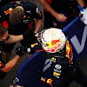 SOCHI, RUSSIA - SEPTEMBER 26: Second placed qualifier Max Verstappen of Netherlands and Red Bull Racing celebrates with teammates in parc ferme during qualifying ahead of the F1 Grand Prix of Russia at Sochi Autodrom on September 26, 2020 in Sochi, Russia. (Photo by Bryn Lennon/Getty Images)