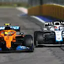 SOCHI, RUSSIA - SEPTEMBER 27: Lando Norris of Great Britain driving the (4) McLaren F1 Team MCL35 Renault leads George Russell of Great Britain driving the (63) Williams Racing FW43 Mercedes during the F1 Grand Prix of Russia at Sochi Autodrom on September 27, 2020 in Sochi, Russia. (Photo by Dan Istitene - Formula 1/Formula 1 via Getty Images)