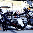 SOCHI, RUSSIA - SEPTEMBER 27: Pierre Gasly of France driving the (10) Scuderia AlphaTauri AT01 Honda makes a pitstop during the F1 Grand Prix of Russia at Sochi Autodrom on September 27, 2020 in Sochi, Russia. (Photo by Peter Fox/Getty Images)