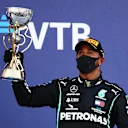 SOCHI, RUSSIA - SEPTEMBER 27: Third placed Lewis Hamilton of Great Britain and Mercedes GP celebrates on the podium during the F1 Grand Prix of Russia at Sochi Autodrom on September 27, 2020 in Sochi, Russia. (Photo by Bryn Lennon/Getty Images)