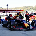 SOCHI, RUSSIA - SEPTEMBER 27: Max Verstappen of the Netherlands driving the (33) Aston Martin Red Bull Racing RB16 makes a pitstop during the F1 Grand Prix of Russia at Sochi Autodrom on September 27, 2020 in Sochi, Russia. (Photo by Mark Thompson/Getty Images)