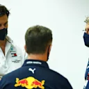 BAHRAIN, BAHRAIN - DECEMBER 04: Mercedes GP Executive Director Toto Wolff, Red Bull Racing Team Principal Christian Horner, and Otmar Szafnauer, Team Principal and Chief Executive Officer of Racing Point talk before the Team Principals Press Conference during practice ahead of the F1 Grand Prix of Sakhir at Bahrain International Circuit on December 04, 2020 in Bahrain, Bahrain. (Photo by Dan Istitene - Formula 1/Formula 1 via Getty Images)