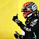 BAHRAIN, BAHRAIN - DECEMBER 05: Second place qualifier George Russell of Great Britain and Mercedes GP gives a thumbs up in parc ferme during qualifying ahead of the F1 Grand Prix of Sakhir at Bahrain International Circuit on December 05, 2020 in Bahrain, Bahrain. (Photo by Mark Thompson/Getty Images)