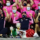 BAHRAIN, BAHRAIN - DECEMBER 06: Race winner Sergio Perez of Mexico and Racing Point, third placed Lance Stroll of Canada and Racing Point and Otmar Szafnauer, Team Principal and Chief Executive Officer of Racing Point celebrate with their team in the Pitlane after the F1 Grand Prix of Sakhir at Bahrain International Circuit on December 06, 2020 in Bahrain, Bahrain. (Photo by Peter Fox/Getty Images)