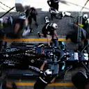 BARCELONA, SPAIN - AUGUST 14: Lewis Hamilton of Great Britain driving the (44) Mercedes AMG Petronas F1 Team Mercedes W11 stops in the Pitlane during practice for the F1 Grand Prix of Spain at Circuit de Barcelona-Catalunya on August 14, 2020 in Barcelona, Spain. (Photo by Emiliano Morenatti/Pool via Getty Images)