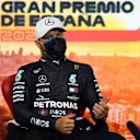 BARCELONA, SPAIN - AUGUST 15: Second placed qualifier Valtteri Bottas of Finland and Mercedes GP talks in the Drivers Press Conference after qualifying for the F1 Grand Prix of Spain at Circuit de Barcelona-Catalunya on August 15, 2020 in Barcelona, Spain. (Photo by Rudy Carezzevoli/Getty Images)