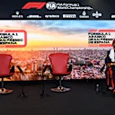 BARCELONA, SPAIN - AUGUST 15: Third placed qualifier Max Verstappen of Netherlands and Red Bull Racing talks in the Drivers Press Conference after qualifying for the F1 Grand Prix of Spain at Circuit de Barcelona-Catalunya on August 15, 2020 in Barcelona, Spain. (Photo by Rudy Carezzevoli/Getty Images)