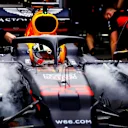 BARCELONA, SPAIN - AUGUST 15: Max Verstappen of Netherlands and Red Bull Racing in the garage during qualifying for the F1 Grand Prix of Spain at Circuit de Barcelona-Catalunya on August 15, 2020 in Barcelona, Spain. (Photo by Mark Thompson/Getty Images)