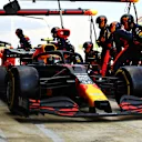 BARCELONA, SPAIN - AUGUST 16: Alexander Albon of Thailand driving the (23) Aston Martin Red Bull Racing RB16 makes a pitstop during the F1 Grand Prix of Spain at Circuit de Barcelona-Catalunya on August 16, 2020 in Barcelona, Spain. (Photo by Mark Thompson/Getty Images)