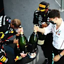 BARCELONA, SPAIN - AUGUST 16: Race winner Lewis Hamilton of Great Britain and Mercedes GP,  second placed Max Verstappen of Netherlands and Red Bull Racing and third placed Valtteri Bottas of Finland and Mercedes GP celebrate on the podium during the F1 Grand Prix of Spain at Circuit de Barcelona-Catalunya on August 16, 2020 in Barcelona, Spain. (Photo by Bryn Lennon/Getty Images)