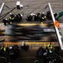 BARCELONA, SPAIN - AUGUST 16: Lewis Hamilton of Great Britain driving the (44) Mercedes AMG Petronas F1 Team Mercedes W11 comes in for a tyre change during the F1 Grand Prix of Spain at Circuit de Barcelona-Catalunya on August 16, 2020 in Barcelona, Spain. (Photo by Albert Gea/Pool via Getty Images)