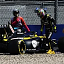 SPIELBERG, AUSTRIA - JULY 10: Daniel Ricciardo of Australia driving the (3) Renault Sport Formula One Team RS20 walks from his car after crashing during practice for the F1 Grand Prix of Styria at Red Bull Ring on July 10, 2020 in Spielberg, Austria. (Photo by Clive Mason - Formula 1/Formula 1 via Getty Images)