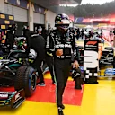 SPIELBERG, AUSTRIA - JULY 11: Pole position qualifier Lewis Hamilton of Great Britain and Mercedes GP celebrates in parc ferme during qualifying for the Formula One Grand Prix of Styria at Red Bull Ring on July 11, 2020 in Spielberg, Austria. (Photo by Joe Klamar/Pool via Getty Images)