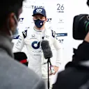 ISTANBUL, TURKEY - NOVEMBER 13: Pierre Gasly of France and Scuderia AlphaTauri talks to the media in the Paddock during practice ahead of the F1 Grand Prix of Turkey at Intercity Istanbul Park on November 13, 2020 in Istanbul, Turkey. (Photo by Peter Fox/Getty Images)