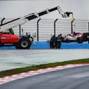 ISTANBUL, TURKEY - NOVEMBER 15: The car of Antonio Giovinazzi of Italy and Alfa Romeo Racing is removed from the track after spinning off on the way to the grid before the F1 Grand Prix of Turkey at Intercity Istanbul Park on November 15, 2020 in Istanbul, Turkey. (Photo by Clive Mason/Getty Images)