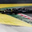 ISTANBUL, TURKEY - NOVEMBER 15: Valtteri Bottas of Finland driving the (77) Mercedes AMG Petronas F1 Team Mercedes W11 and Esteban Ocon of France driving the (31) Renault Sport Formula One Team RS20 spin off at the first corner at the start of the race during the F1 Grand Prix of Turkey at Intercity Istanbul Park on November 15, 2020 in Istanbul, Turkey. (Photo by Clive Mason/Getty Images)