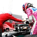ISTANBUL, TURKEY - NOVEMBER 15: Race winner Lewis Hamilton of Great Britain and Mercedes GP is congratulated by Sebastian Vettel of Germany and Ferrari and Sergio Perez of Mexico and Racing Point in parc ferme after winning a 7th F1 World Drivers Championship during the F1 Grand Prix of Turkey at Intercity Istanbul Park on November 15, 2020 in Istanbul, Turkey. (Photo by Dan Istitene - Formula 1/Formula 1 via Getty Images)