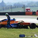 SCARPERIA, ITALY - SEPTEMBER 11: Lando Norris of Great Britain and McLaren F1 spins during practice ahead of the F1 Grand Prix of Tuscany at Mugello Circuit on September 11, 2020 in Scarperia, Italy. (Photo by Claudio Giovannini - Pool/Getty Images)