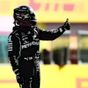 SCARPERIA, ITALY - SEPTEMBER 12: Pole position qualifier Lewis Hamilton of Great Britain and Mercedes GP celebrates in parc ferme during qualifying for the F1 Grand Prix of Tuscany at Mugello Circuit on September 12, 2020 in Scarperia, Italy. (Photo by Bryn Lennon/Getty Images)