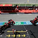 SCARPERIA, ITALY - SEPTEMBER 12: Charles Leclerc of Monaco driving the (16) Scuderia Ferrari SF1000 and Sebastian Vettel of Germany driving the (5) Scuderia Ferrari SF1000 leave the garage during qualifying for the F1 Grand Prix of Tuscany at Mugello Circuit on September 12, 2020 in Scarperia, Italy. (Photo by Luca Bruno - Pool/Getty Images)