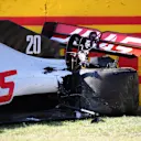 SCARPERIA, ITALY - SEPTEMBER 13: The broken car of Kevin Magnussen of Denmark driving the (20) Haas F1 Team VF-20 Ferrari is seen at the side of the track during the F1 Grand Prix of Tuscany at Mugello Circuit on September 13, 2020 in Scarperia, Italy. (Photo by Peter Fox/Getty Images)