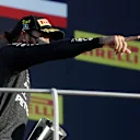 SCARPERIA, ITALY - SEPTEMBER 13: Race winner Lewis Hamilton of Great Britain and Mercedes GP celebrates on the podium during the F1 Grand Prix of Tuscany at Mugello Circuit on September 13, 2020 in Scarperia, Italy. (Photo by Luca Bruno - Pool/Getty Images)