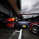 SPIELBERG, AUSTRIA - JULY 02: Sergio Perez of Mexico driving the (11) Red Bull Racing RB16B Honda leaves the garage during practice ahead of the F1 Grand Prix of Austria at Red Bull Ring on July 02, 2021 in Spielberg, Austria. (Photo by Mark Thompson/Getty Images)