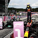SPIELBERG, AUSTRIA - JULY 04: Race winner Max Verstappen of Netherlands and Red Bull Racing celebrates in parc ferme during the F1 Grand Prix of Austria at Red Bull Ring on July 04, 2021 in Spielberg, Austria. (Photo by Mark Thompson/Getty Images)