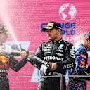 SPIELBERG, AUSTRIA - JULY 04: Second placed Valtteri Bottas of Finland and Mercedes GP celebrates on the podium during the F1 Grand Prix of Austria at Red Bull Ring on July 04, 2021 in Spielberg, Austria. (Photo by Bryn Lennon/Getty Images)